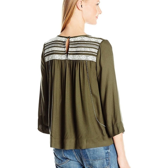 Lucky Brand Woven Beaded Boho Blouse Olive 3/4 Slv - Picture 3 of 8
